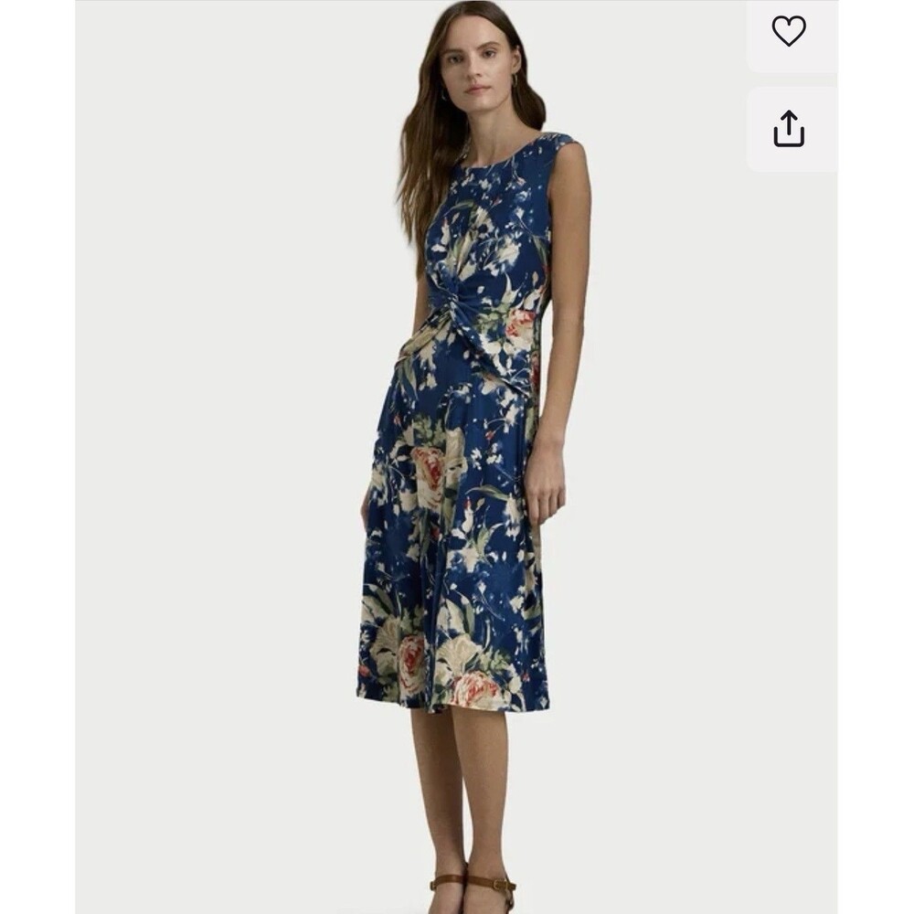 Lauren Ralph Lauren Blue Floral Twist-Front Stretch Jersey Dress Size 6 NWT $135